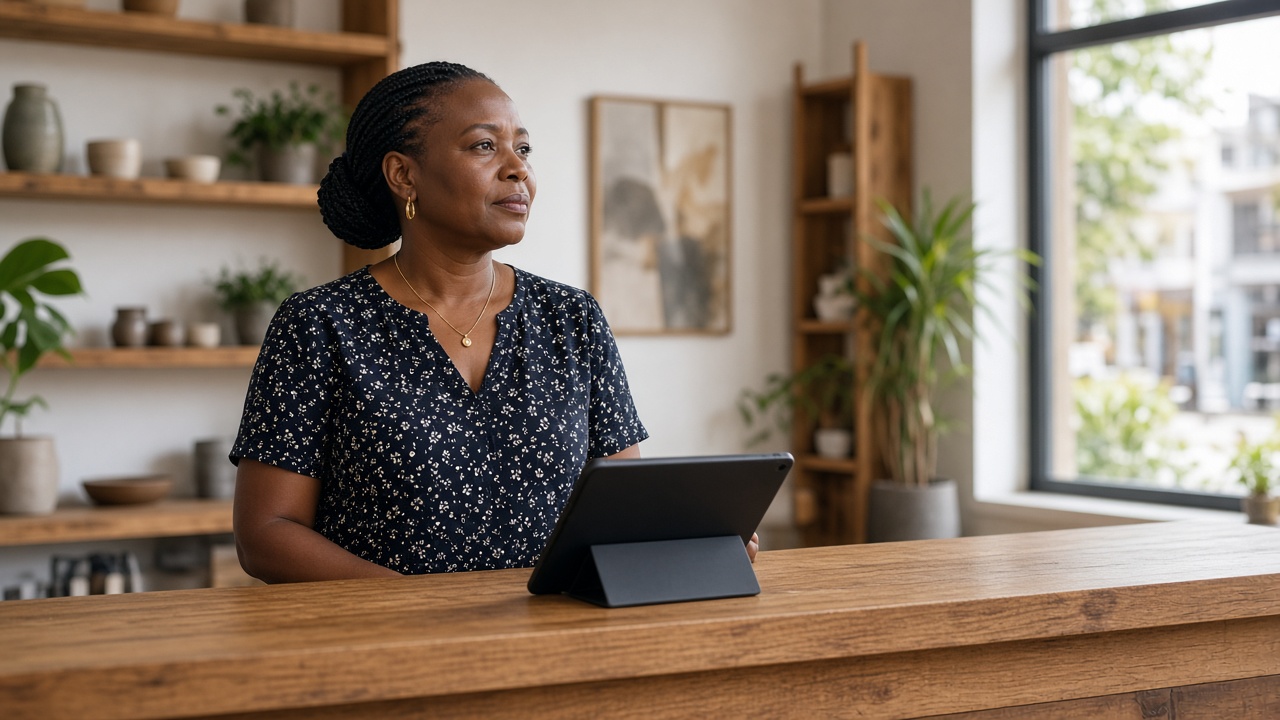 Merchant reviewing sales on a tablet at the counter